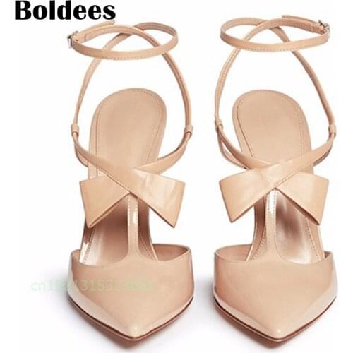 Ladies Nude Shoes 2018 Summer Patent Bowtie Gladiator Pointed Toe Sandals Women High Heels Party Wedding Shoes Ladies Sandals 43