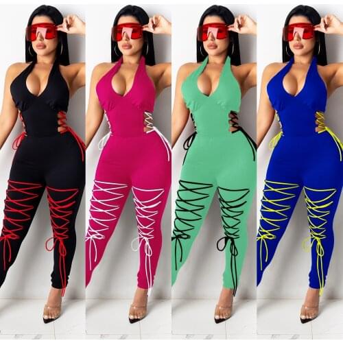 2021 Summer Women Bandage Jumpsuits Halter Neck Slimming Waist Hollow Out Sleeveless Backless Skinny Pants Sexy Lady Night Club
