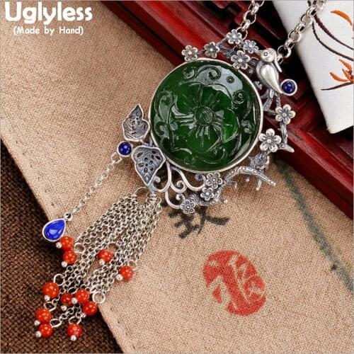 Uglyless Real Solid 925 Sterling Silver Handmade Birds Pendants Women Thai Silver Jade Flowers Necklaces Tassels Ethnic Jewelry