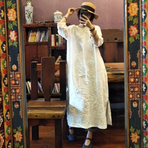 Women Linen Dress Solid Color Button O-Neck Seven Sleeve 2021 Summer New Vintage Women Loose Robes High Quality Dress MT12