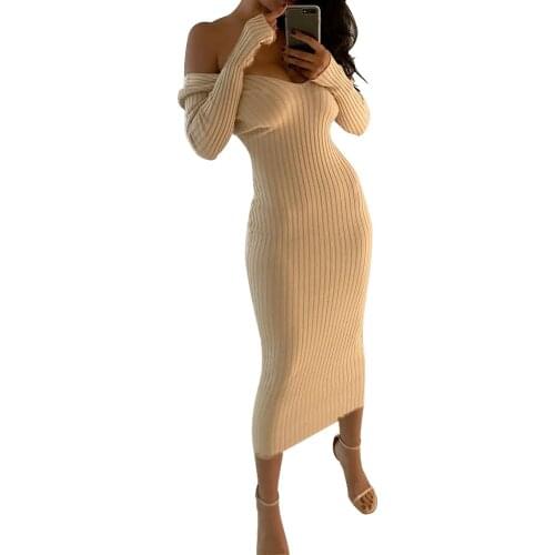 2020 Ladies dress sexy strapless large V-neck tops long sleeve spring autumn womens dress knitted streetwear soft tops tops