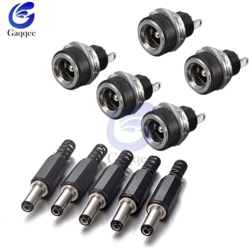 10Pcs DC Power Connector pin Female Plug Jack + Male Plug Jack Panel Mount Connector 5.5mm 2.1mm Plug Adapter 2 Terminal Types