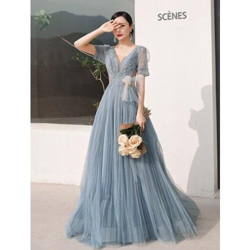 2021 New Arrival Evening Dresses Sexy Side Design Illusion Sheer with Beading Applique robes de soirée