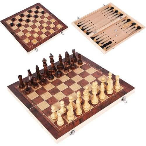 3 in 1 Double-Faced Folding Wooden Chess Checkers Backgammon Travel Board Game Puzzle Mntessori Kids Educational Toys for Gift