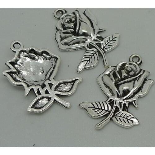 ALYMMO 6pcs/lot Antique Silver Blooming Rose Charms 25x17mm Metal Handmade Charms for Bracelet Jewelry Supplies