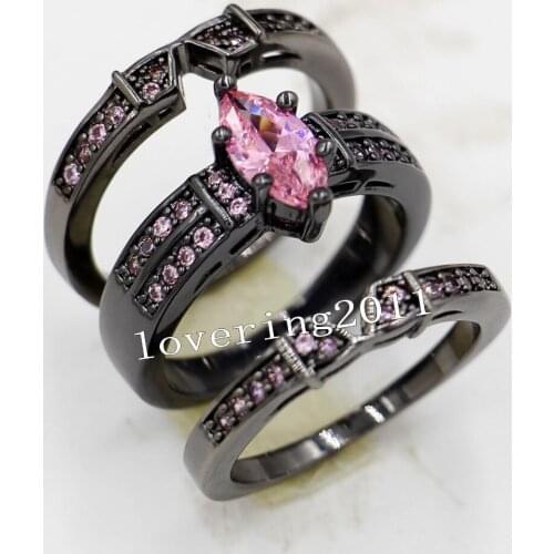 Choucong Fashion Jewelry Marquise Cut Pink AAA CZ Simulated stones 14KT Black Gold Filled 3 Wedding Band Ring Set Sz 5-11 Gift