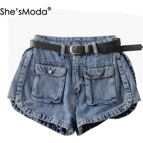 ShesModa Belt Pocket Denim Jeans Denim Shorts 2020 Summer Womens Shorts with Belt