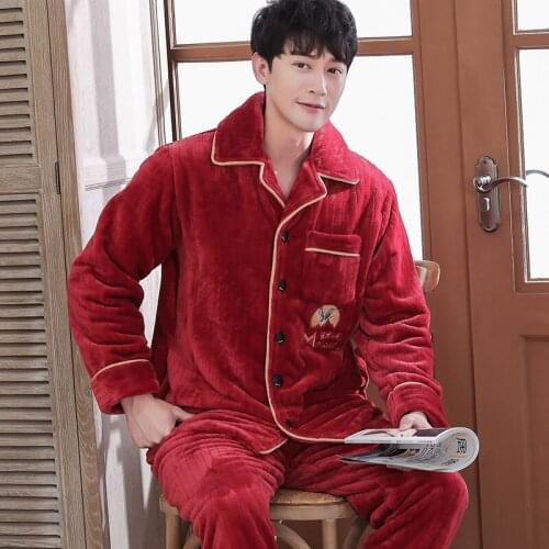 Flannel Flano Man Boy Turn-down Collar Button-Down Winter Pajamas Warm comfy in-home Sleepwear Nightwear cute Pajama A Set HDE