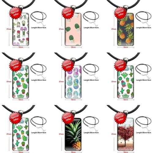 Cactus Launch Glass Cabochon Jewelry Steel Color With Long Pendant Choker Rectangle Necklace For Girls Gift