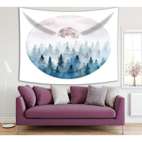 Tapestry Landscape in A Circle with Foggy Forest and Rising Moon Watercolor Artwork Blue Beige White