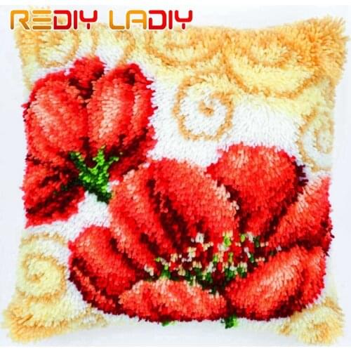 Latch Hook Cushion Cover Poppies & Iris Crocheting Yarn Pillow Case Printed Canvas Crochet Arts & Crafts 43x43cm Sofa Bed Pillow