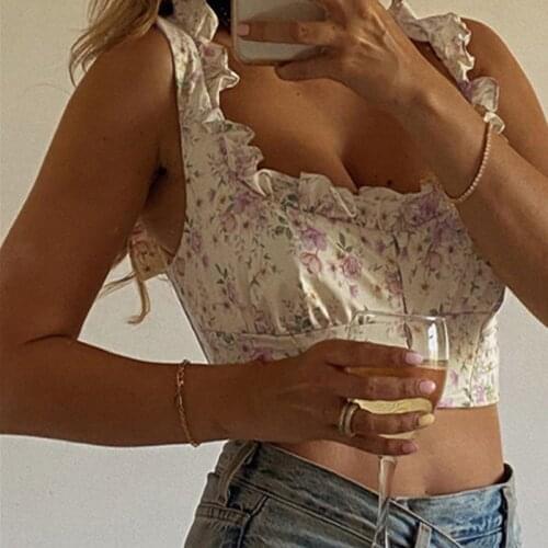 Women Square Neck Camis Summer Ruffles Tank Top Flounce Sling Straps Camisole Floral Printed Blouse Female Vacation Clothes Top