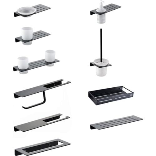 Bathroom Hardware Accessories Set Matte Black Square Paper Phone Holder Towel Bar Ring Shelf Tumbler 304 Stainless Steel Modern