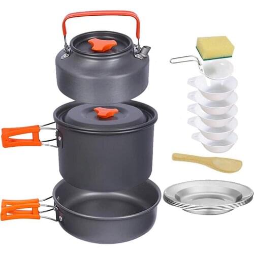 4-5Person Camping Pot Set Cookware Kit Aluminum Picnic Cooking Tableware Water Kettle Pan Travelling Hiking Picnic BBQ Equipment