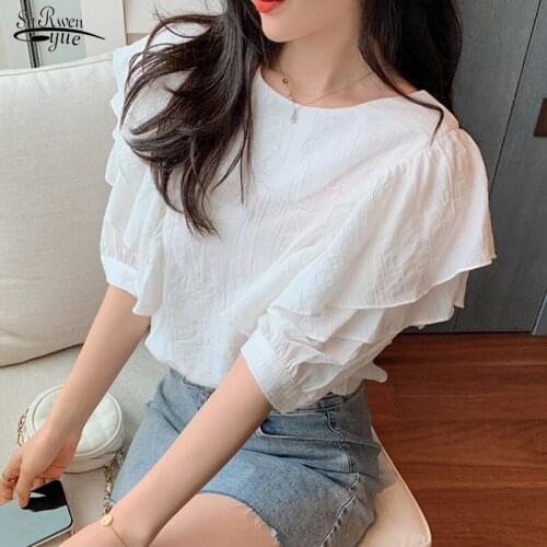 2021 Summer New Chiffon Blouse Women White Tops Elegant Short Sleeve Lace Up Women Shirts Blue Plus Size Female Clothing 14418