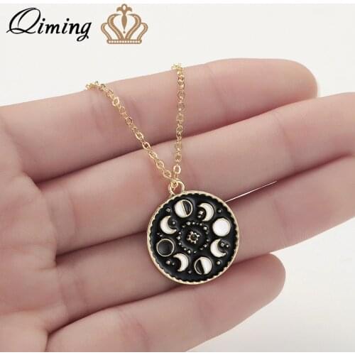 QIMING Moon Phase Black Necklace For Women Glow In The Dark Glowing Luminous Enamel Vintage Crescent Pendant Necklaces