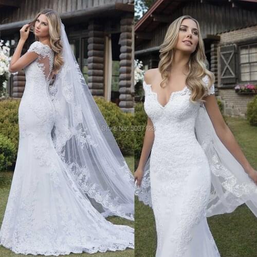 White Mermaid Wedding Dresses V Neck Off the Shoulder Short Sleeves Lace Appliques Illusion Bridal Gown Vestidos De Noiva 2021