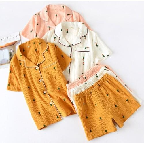 Double Layer Cotton Gauze Crepe Short Sleeve Shorts Pajamas for Women Plus Size Pyjamas Cartoon Printing Sleepwear Home Clothes