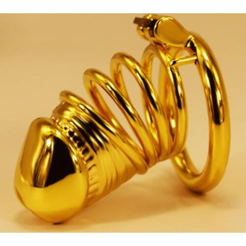 Gilded Cock Cage With 1 Size Round Ring Penis Head Cage Adult Game Male Metal Chastity Device FRRK54