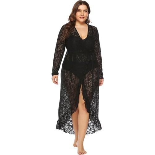 Sexy See-Through Lace Deep V Neck Irregular Ruffle Strap Beach Long Dress Seaside Resort Sun Protection Beach Bikini Cover Up
