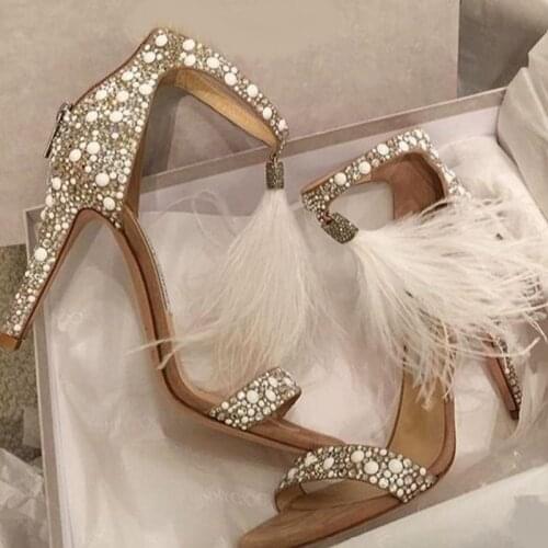 Women Bling Rhinestone Pearl Wedding Dress Sandals Pumps Luxurious Ladies Shoes with Furry Charms Dress Party Women Sandals