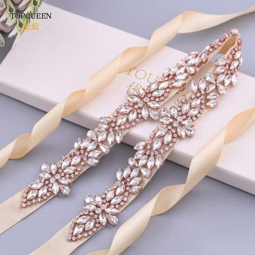 TOPQUEEN S429 Wedding Parties Crystal Drill Belt Applique for Sash Belt Bridal Sashes Belt Champagne Rose Gold Bridal Sashes
