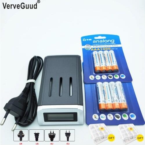 VerveGuud Smart Intelligent LCD Display Battery Charger Charge For AA/AAA NiCd NiMh Battery + 8Pcs aaa Rechargeable Batteries