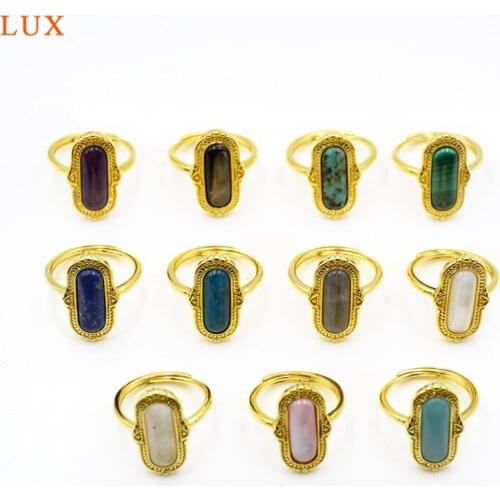 Vintage Black shell Ring gold plated Long Oval Ring natural gems stone amaznoite lapis lazuli malachite Statement Rings