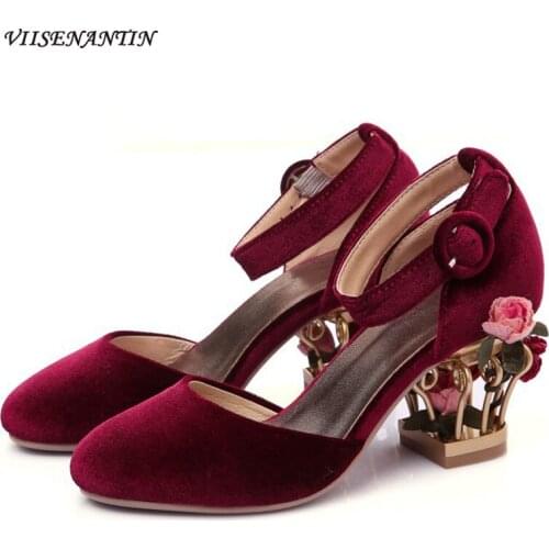 Autumn New Style Baotou Sandals Womens Metal Birdcage High Heel Round Head Velvet Rhinestone Retro Flowers Womens Sandals
