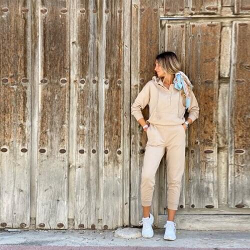 Women Fashion Sport Suits Casual Buttons Pocket Hoddies And Solid Elestic Wasit Long Pants 2pcs Running Sets Basic Tracksuit