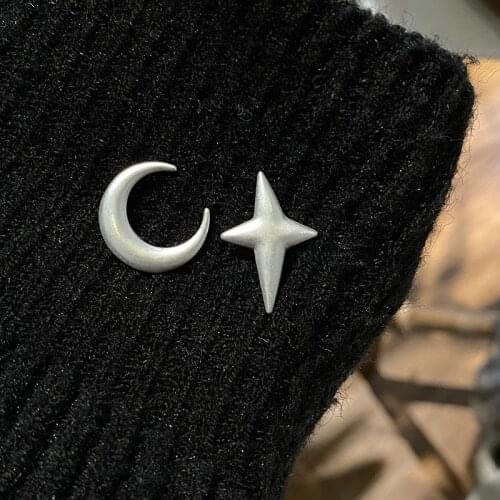 AOMU S925 Simple Silver Color Metal Matte Asymmetric Star Moon Stud Earrings for Women Couple Daily Commute Jewelry Gifts