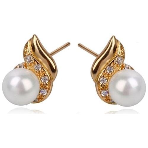 MxGxFam Yellow Gold Color Women Stud Earring Pearl Gold White Color