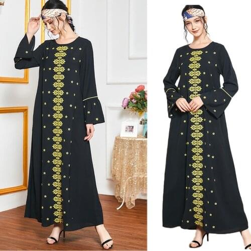 Women Muslim Women Long Dress Embroidery Abaya Ethnic Vintage Flare Sleeve Arab Jilbab Ramadan Turkish Plus Size Maxi Robe Malay