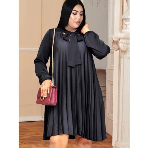 Pleated Dresses Plus Size 4XL 5XL Long Sleeve Oversized Loose Knee Length Office Lady Casual Pink Blue African Gowns for Women