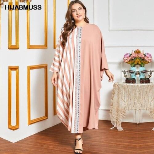 Womens Clothing 2021 Large Size Oversized Loose Pink Striped Stitching Printed Bat Sleeve Robe Womens Dress Muslmane Dress