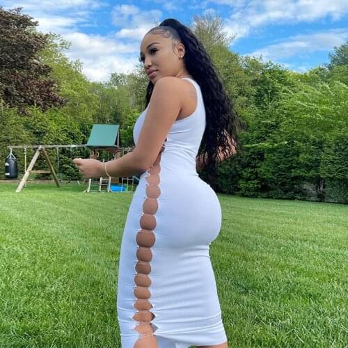 Sleeveless Long O Neck Dress Side Pin New Style 2021 Hot Summer Women Elegant Casual Solid Color White Black Stretchy Dress