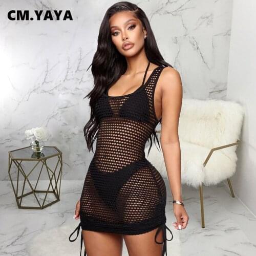 CM.YAYA Women Dress Mesh See-through Sheath Elastic Sleeveless O-neck Shirring Above Knee Dresses Sexy Night Club Dress Fashion