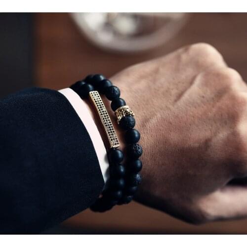 2pcs/ Set Crown Men Bracelet Fashion New Tube Charm Handmade 8MM Stone Bead Bracelet For Men Jewelry Gift Pulsera Hombre