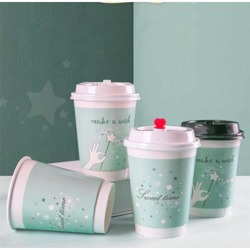 50pcs High quality disposable milk tea paper cup double wall hot drinks packaging cups 400ml 14oz coffee blue cups with lids