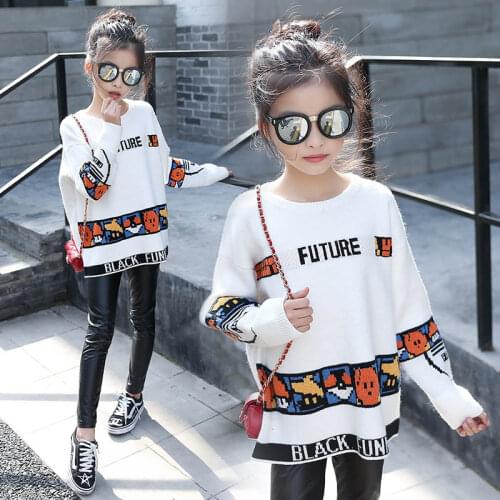 Girls White Sweaters Casual Knitted Sweaters For Girls Cartoon Pattern Costumes Children Knitwear Tops 4 6 8 10 11 12 Years