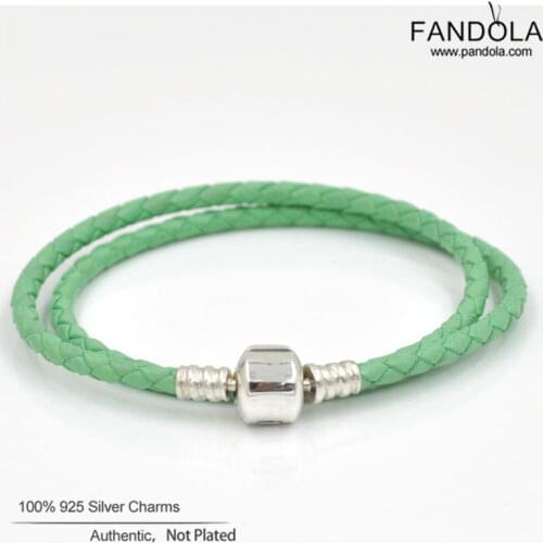 CKK 100% 925 Sterling Silver Green Single Double Charm Leather Bracelets Bangles for Women Pulseira Silver 925 Jewelry
