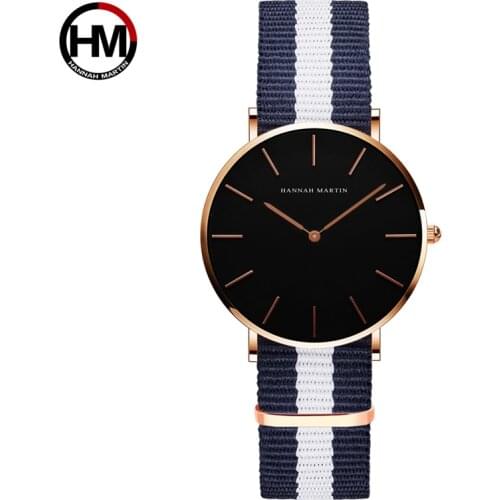 Relogio Hannah Martin Luxury Brand DW Style Women Watch Japan Movement Rose Gold Waterproof Nylon Ladies Quartz Watch Black Dial