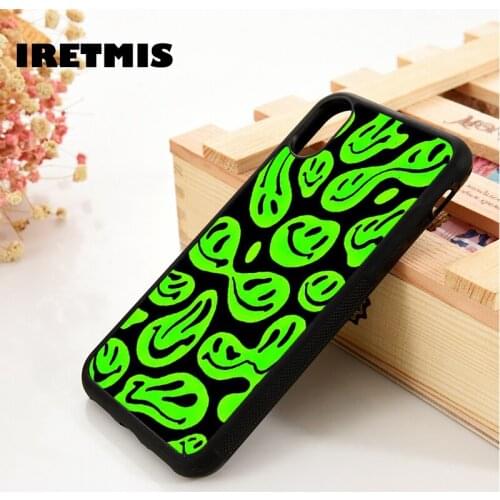 Iretmis 5 5S SE 2020 6 6S Silicone Rubber Phone Case Cover for iPhone 7 8 Plus X Xs 11 12 MINI Pro Max XR Green Trippy Smiley