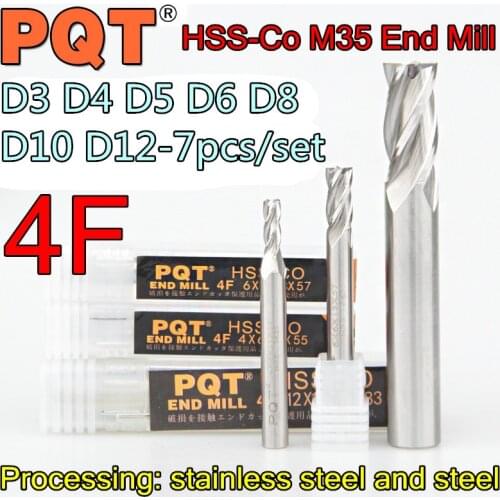 D3 D4 D5 D6 D8 D10 D12 7pcs/set PQT HSS-Co5% M35 4F End Mill Processing: stainless steel, alloy steel, etc