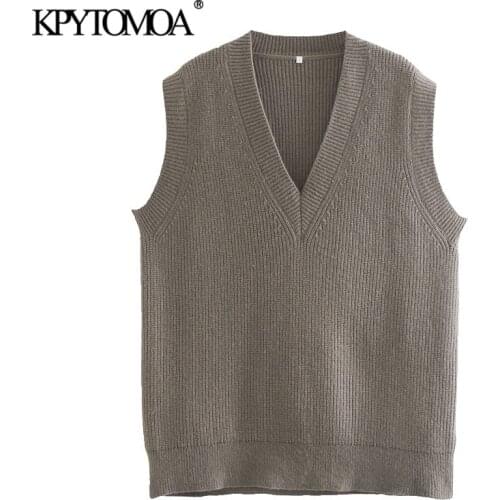 KPYTOMOA Women 2021 Fashion Loose Knitted Vest Sweater Vintage V Neck Sleeveless Female Waistcoat Chic Tops