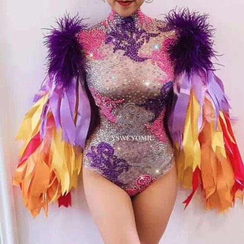 Colorful Full Rhinestones Feather Ribbon Bodysuit Birthday Celebrate Prom Outfit Evening Female Singer Performance Dance Costume