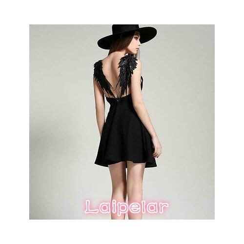 New summer dresses beach spaghetti strap V-neck Lace black white solid Angel wings mini Sexy Backless dress Laipelar