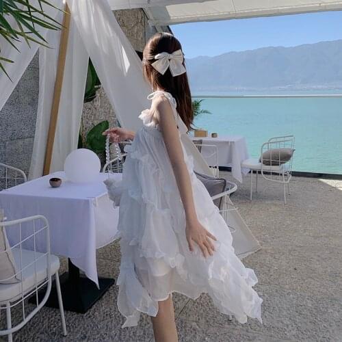 Summer 2021 Runway Ruched Ruffle Korean Fairy Casual Beach Vacation Party Vestidos Women Midi White Loose Slip Sundress Dresses