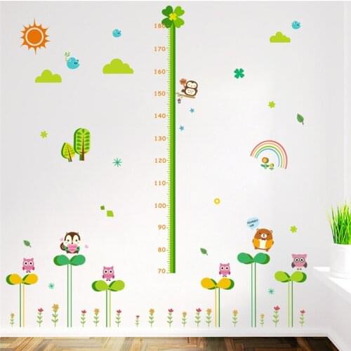 Cute Animals with Small Flowers Height Measure Wall Stickers for Kindergarten Kids Room Home Decoration Cartoon Mural Art Decal