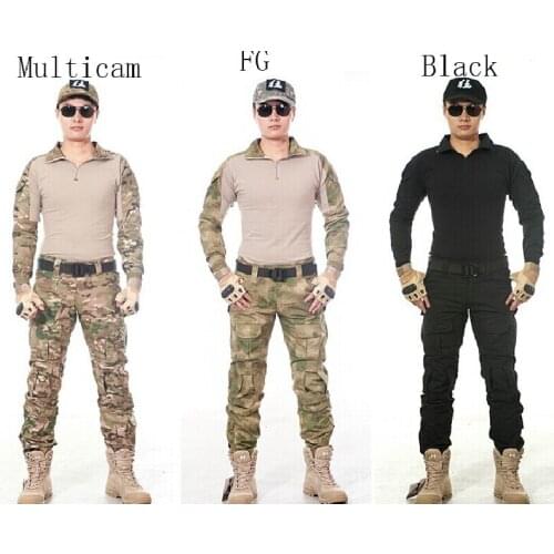 Mens TDU Tactical Airsoft Paintball Combat Set Uniform T-shirt And Pants W/2 Elbow And 2 Knee Pads For Hunting